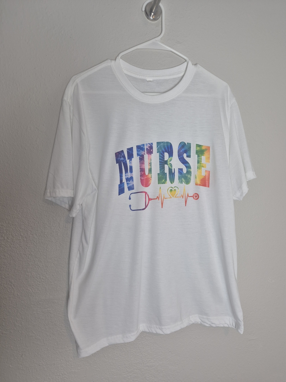 White Womens "NURSE" Graphic Tee - Rainbow Print.Size Lg